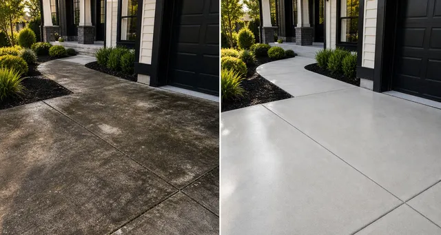 Before and after power washing on driveway and walkway concrete