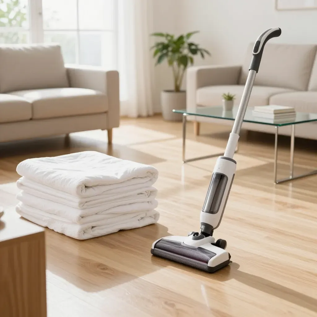 A cleaner tidies a bright living room with a vacuum and mop beside polished furniture.