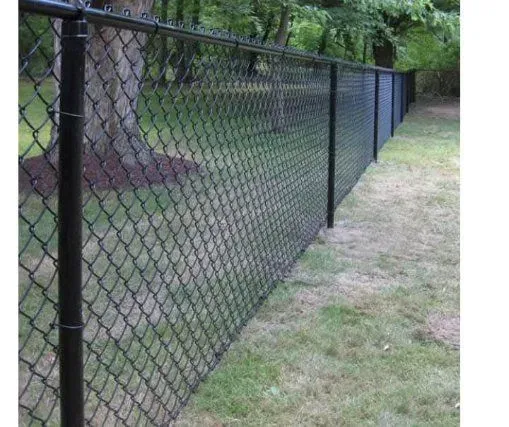 Black chain-link fence in a grassy yard, with trees in the background.
