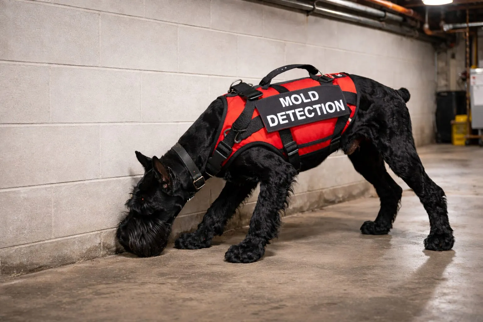 Black dog with a bold detection vest sniffing the ground indoors.