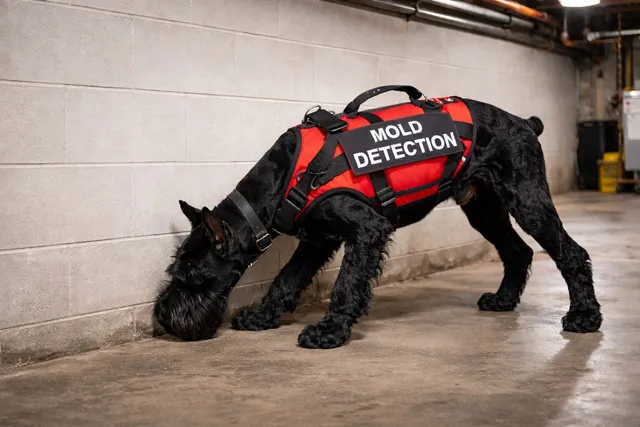 Black dog with a bold detection vest sniffing the ground indoors.