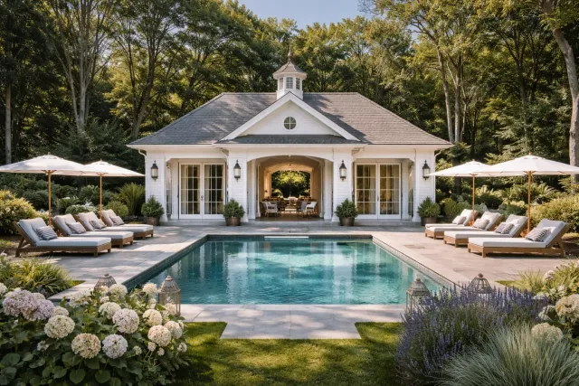 Elegant backyard with a rectangular swimming pool, cushioned lounge chairs with umbrellas, and a white pool house surrounded by greenery.