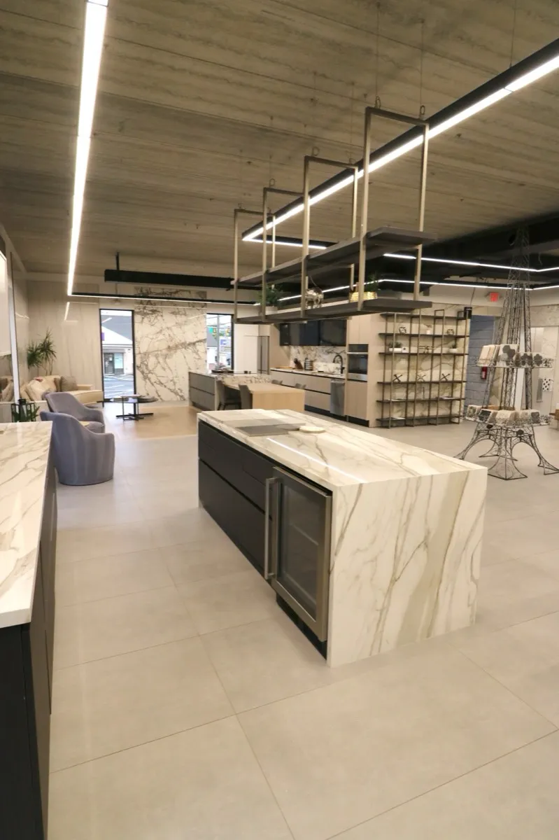 Refined marble kitchen island — Ideal Tile showroom