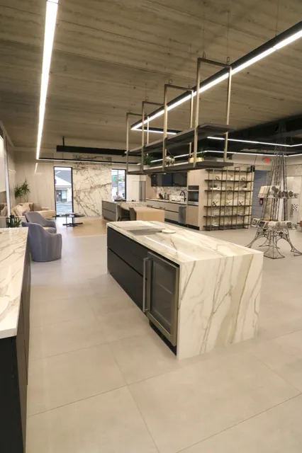 Refined marble kitchen island — Ideal Tile showroom