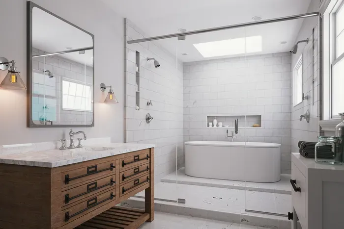 Glass Frame of Shower Room and a Mirror in Bathroom