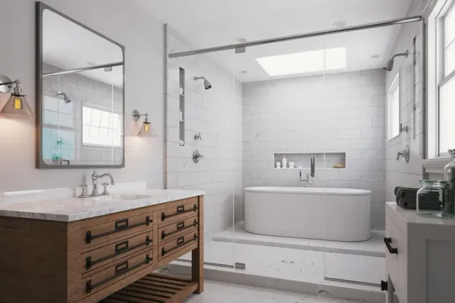 Glass Frame of Shower Room and a Mirror in Bathroom
