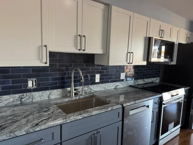 blue subway tile backsplash