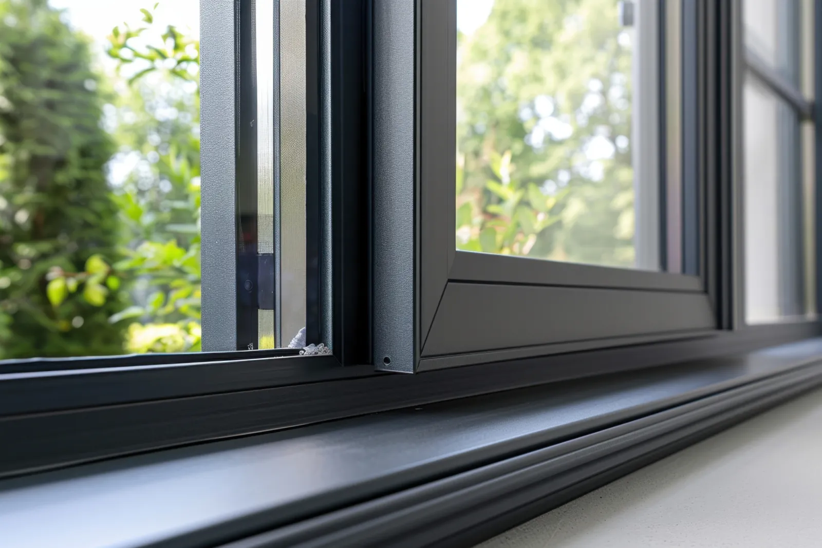 Close-up of an open modern black-framed window with a view of green foliage outside.