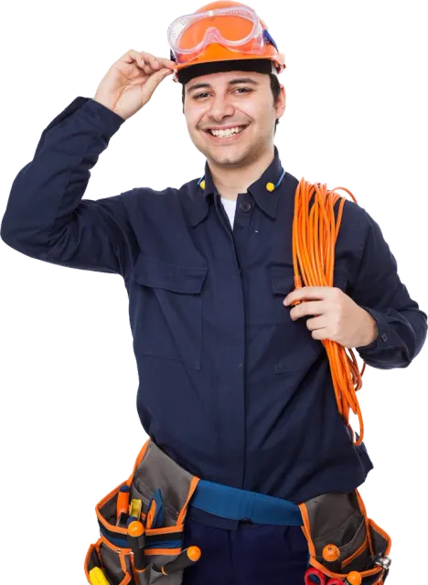 Smiling electrician in blue uniform, holding orange wire and touching his hard hat.