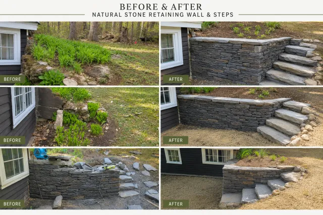 Comparison of before and after images showing the transformation of a stone retaining wall and steps outside a house. The before images show a disorganized, incomplete wall and steps with construction materials nearby. The after images display a finished, neatly constructed stone retaining wall and steps, enhancing the landscape appearance.