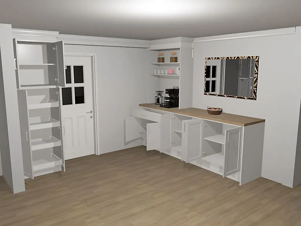 A kitchen with white cabinets