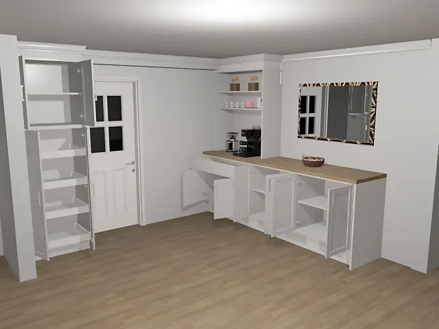A kitchen with white cabinets