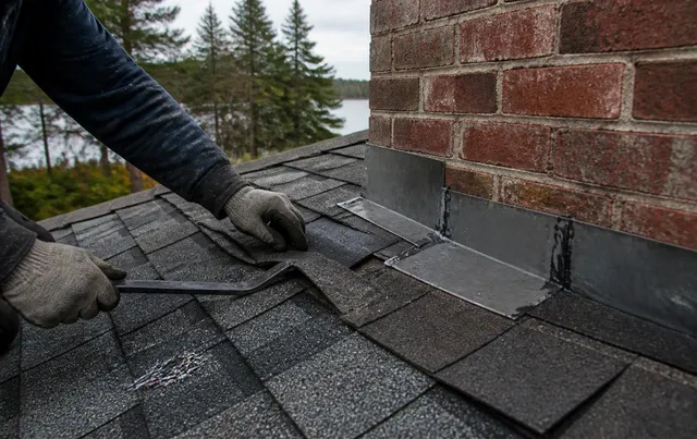 Roofer sealing chimney flashing during a roof repair on a Maine home
