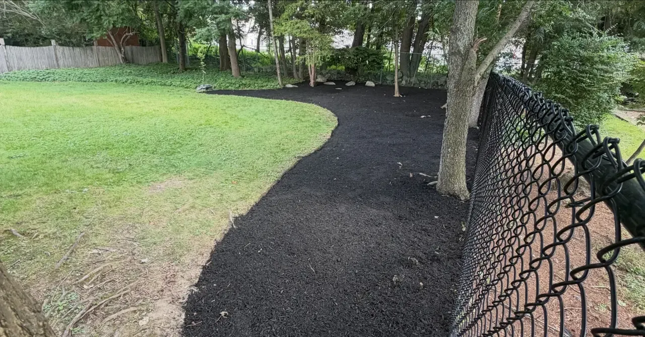 Finished curved garden bed edge beside the lawn and fence