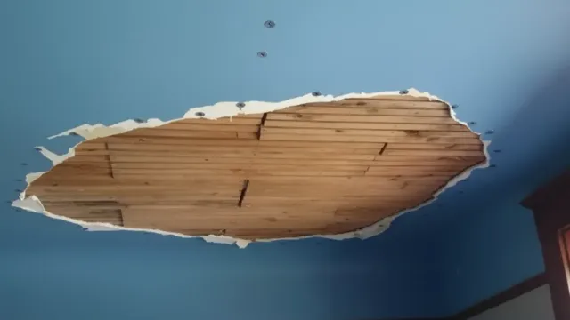 Plaster missing from a painted ceiling to expose the wood lath beneath, with plaster washers set around the edge of the opening