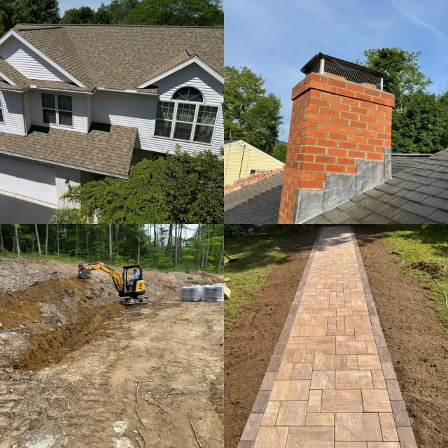 Top left: An aerial view of a white house with a brown roof and large windows. Top right: A brick chimney on a roof with trees in the background. Bottom left: Construction site with an excavator digging, surrounded by forest. Bottom right: A newly laid brick pathway in a yard.