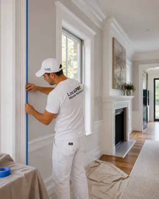 LocalPRO painter masking interior trim beside a window before painting
