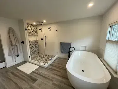 Completed bathroom remodel with custom tile work by Grams Tile in Lunenburg, Massachusetts
