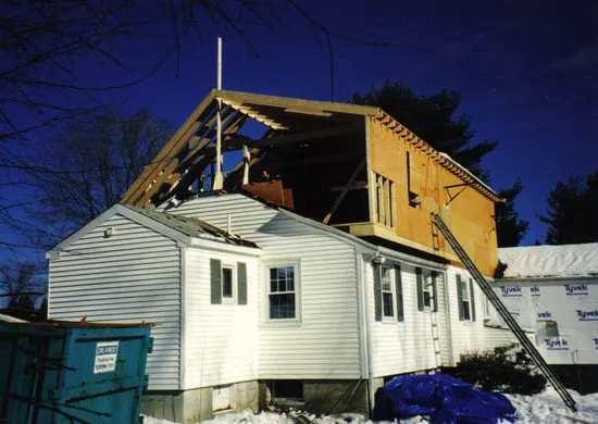 Winter dormer framing with sheathing and house wrap