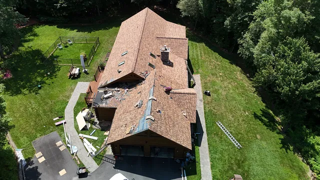CertainTeed Landmark Pro roof installation on log home Underhill Vermont aerial