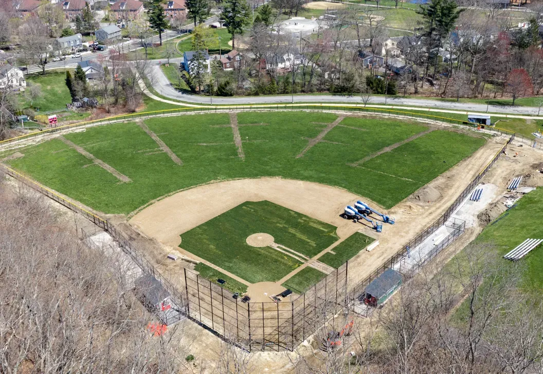 Price Landscape and Construction working onsite at a baseball field, view from above via a drone