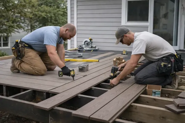 Two builders installing composite decking on a residential deck, emphasizing quality craftsmanship for North Shore coastal conditions.