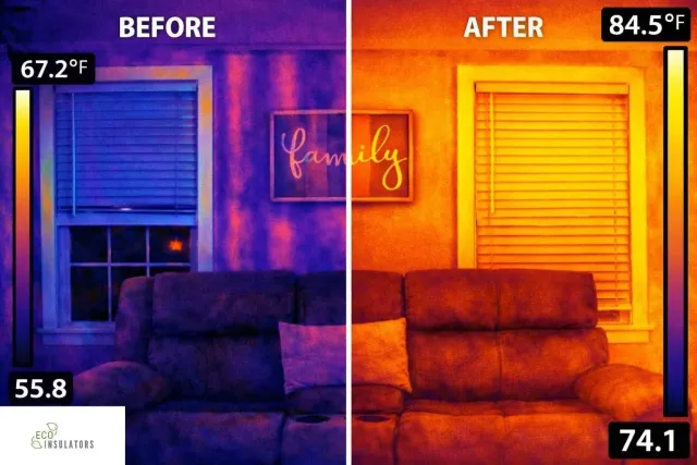 Before and after thermal imaging of insulation and air sealing in Franklin, MA showing reduced heat loss and improved energy efficiency throughout the home.