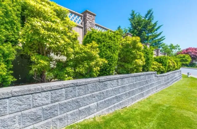 Stone retaining wall with shrubs and green lawn under a blue sky.