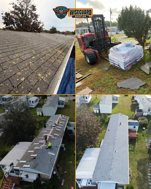 A four-panel collage showing a roof replacement process on a mobile home, featuring shingle work and a forklift delivery.