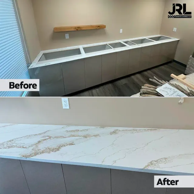 Alt text before: Empty countertop or surface area waiting for stone installation. Alt text after: Countertop beautifully finished with polished granite or marble stone.