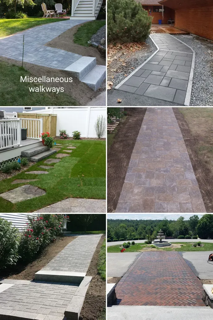 Collage of six textured outdoor walkways in stone, brick, and pavers around homes and gardens