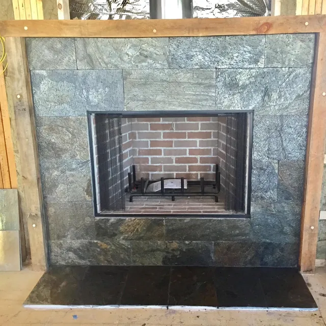 Slate tile fireplace surround