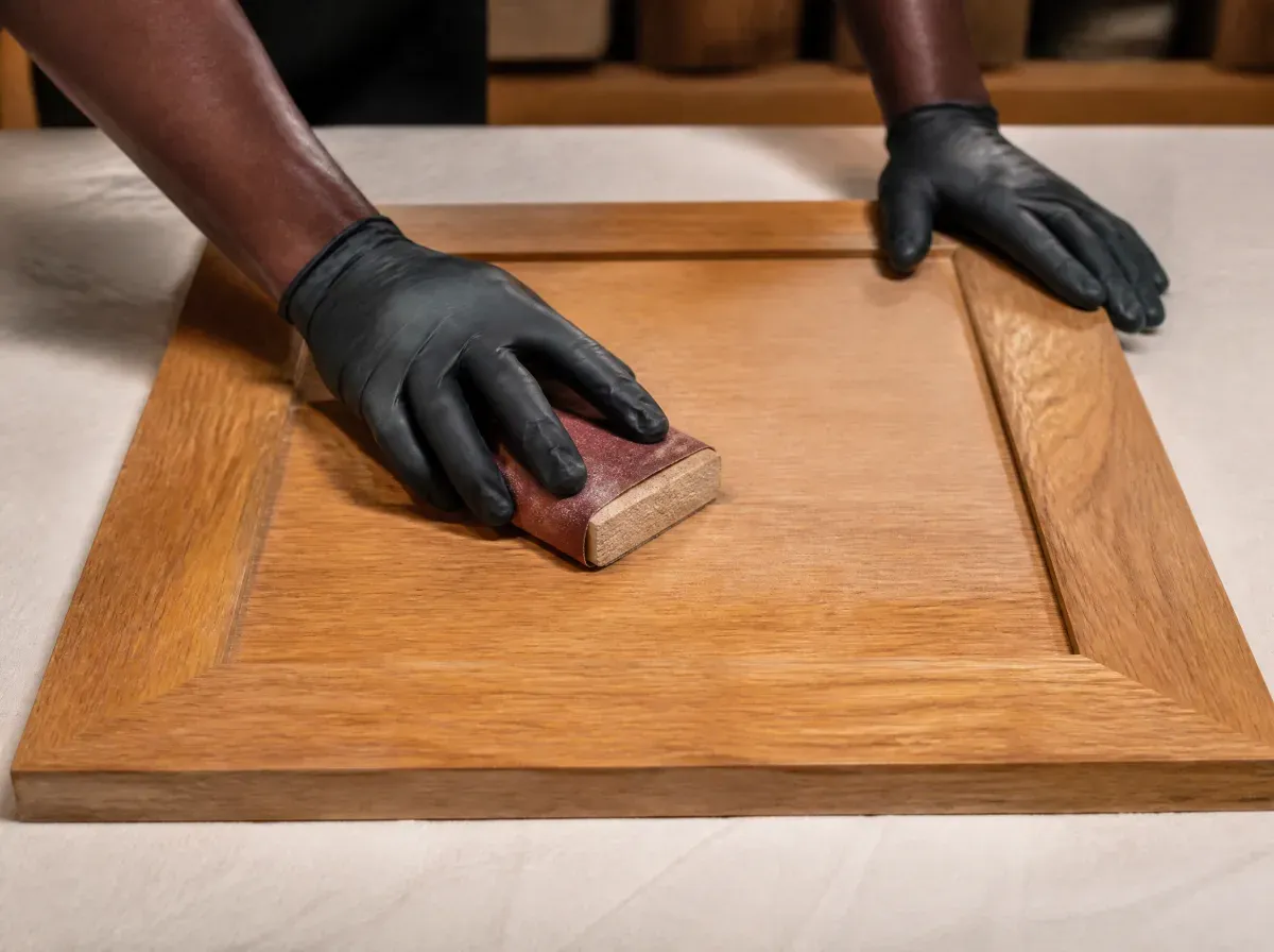 Hand-sanding a cabinet door with a cork block