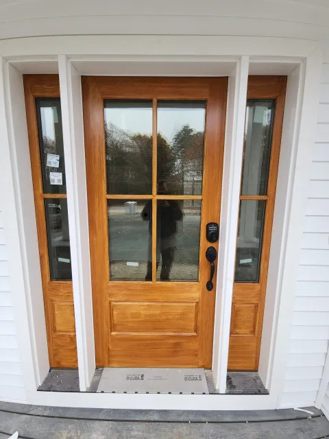 Freshly stained front door paint