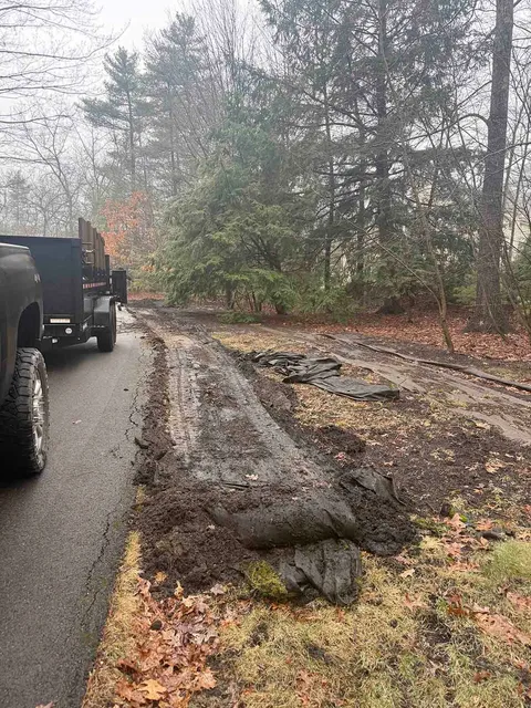 Wet roadside with parked truck, muddy shoulder, fallen leaves, and trees after rain.