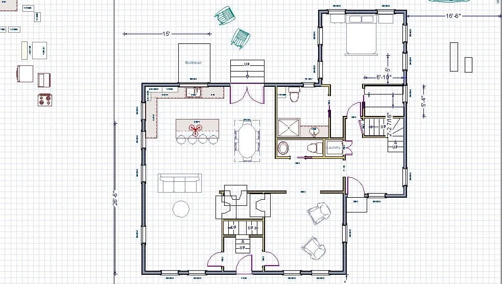 Open kitchen floor plan design with dining area, living room, and adjacent laundry, featuring measurements and layout details for a home renovation project by Harding Builders.