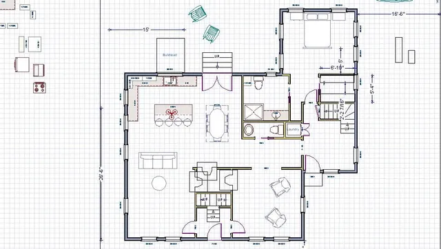Open kitchen floor plan design with dining area, living room, and adjacent laundry, featuring measurements and layout details for a home renovation project by Harding Builders.
