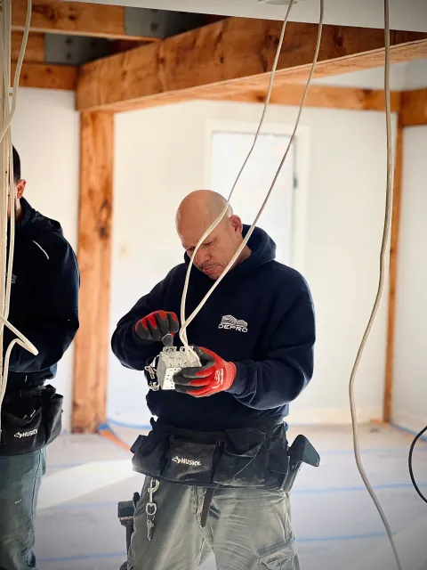 A worker wearing red gloves and a tool belt installs electrical wiring in a building under construction.