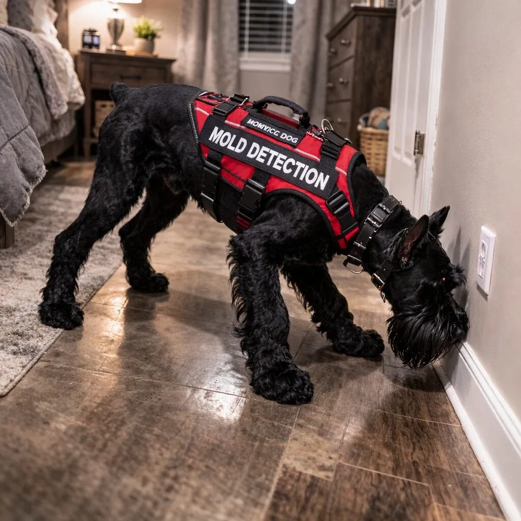 Black dog wearing a red 'K9 Detection' vest sniffing the floor indoors.