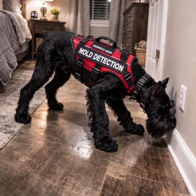 Black dog wearing a red 'K9 Detection' vest sniffing the floor indoors.