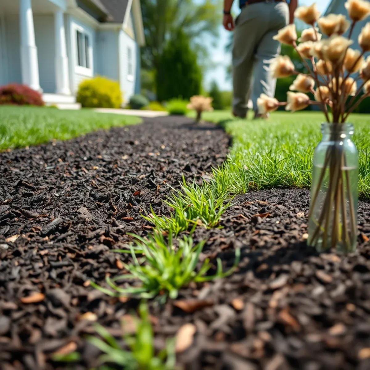 Freshly mulched and edged garden beds at a South Shore Massachusetts home