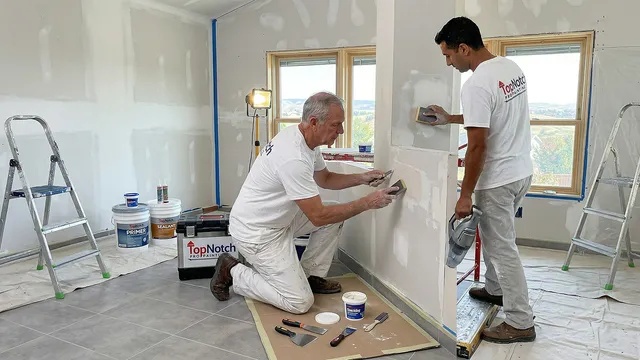 Top Notch Pro Painting professionals repairing drywall and preparing interior walls for a smooth, high-quality paint finish.