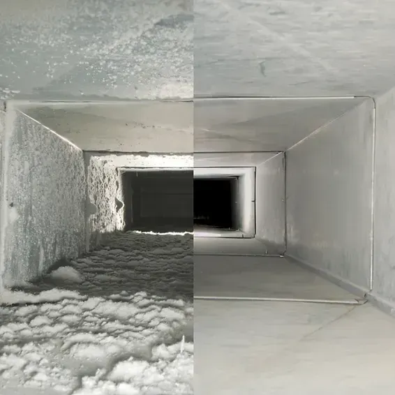 A before and after picture of a duct being cleaned.