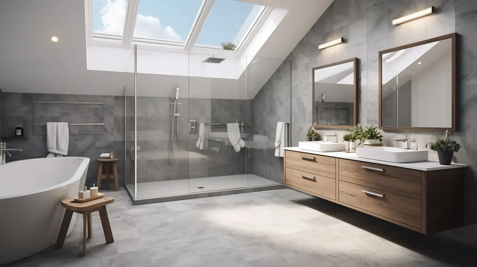 A bathroom with two sinks , a bathtub , and a skylight.