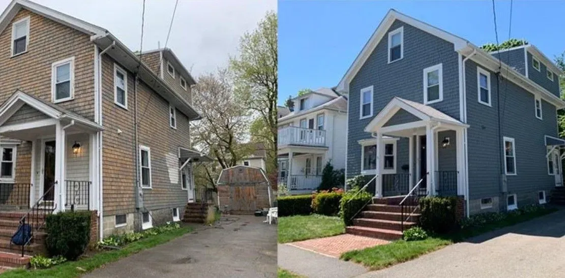 Before-and-after view of a house exterior: tan siding on the left, blue painted siding on the right.