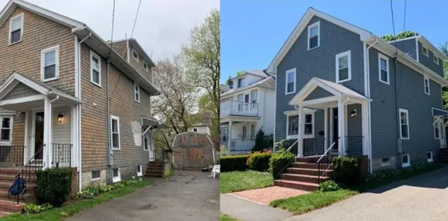 Before-and-after view of a house exterior: tan siding on the left, blue painted siding on the right.