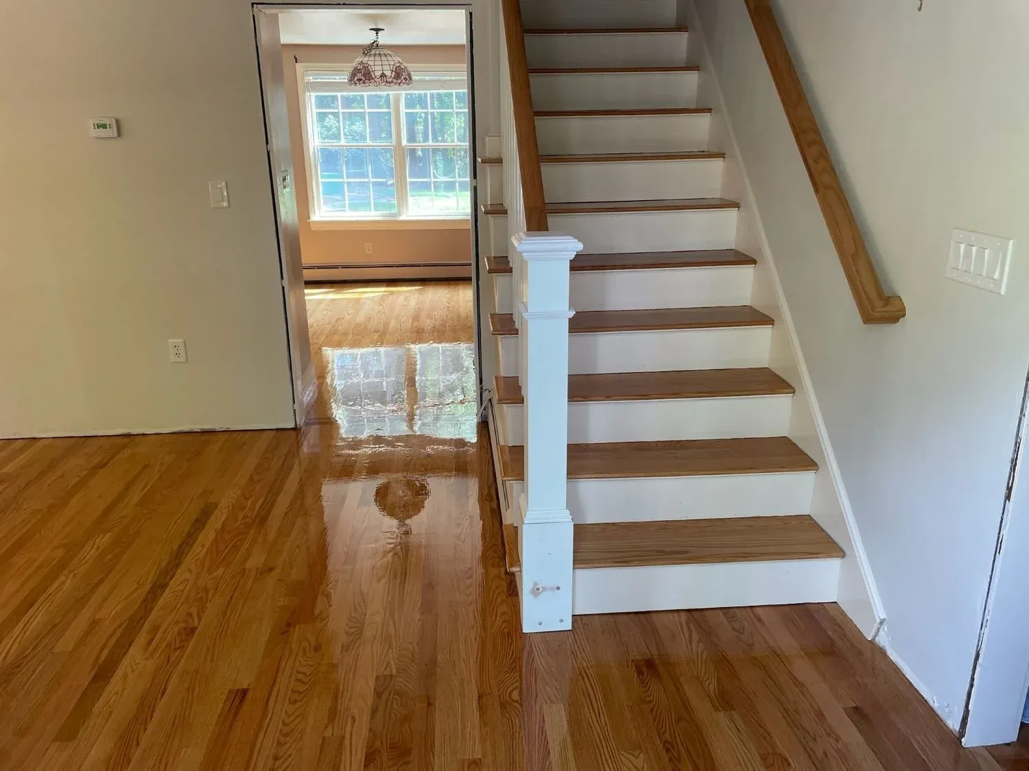 staircase on the right side, entry way into dining room in the middle, and newly installed, shiny hardwood floors that are medium stain