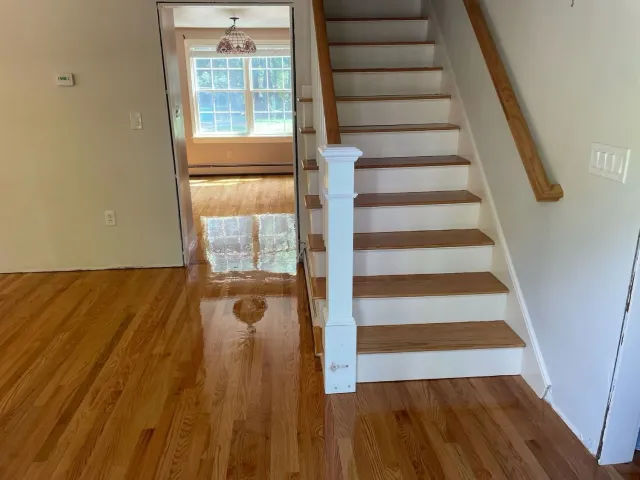 staircase on the right side, entry way into dining room in the middle, and newly installed, shiny hardwood floors that are medium stain