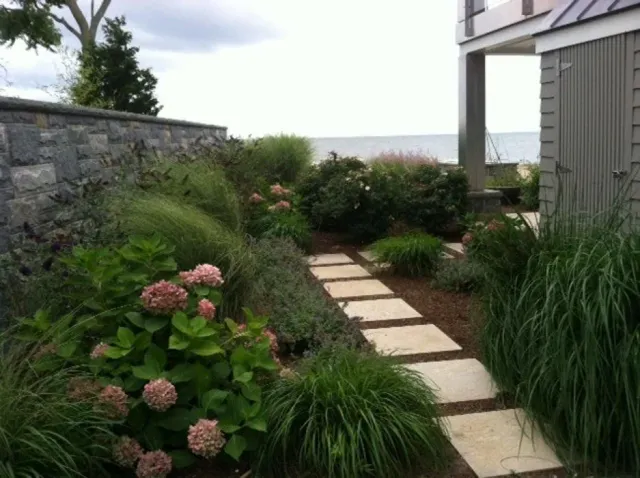 Stone path through a lush garden with pink hydrangeas and tall grasses beside a house.