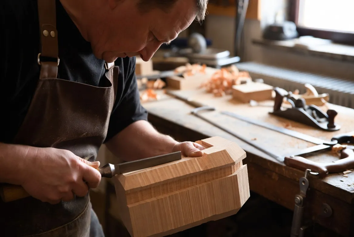 A woodworker hand-planing a dovetailed box at a workbench